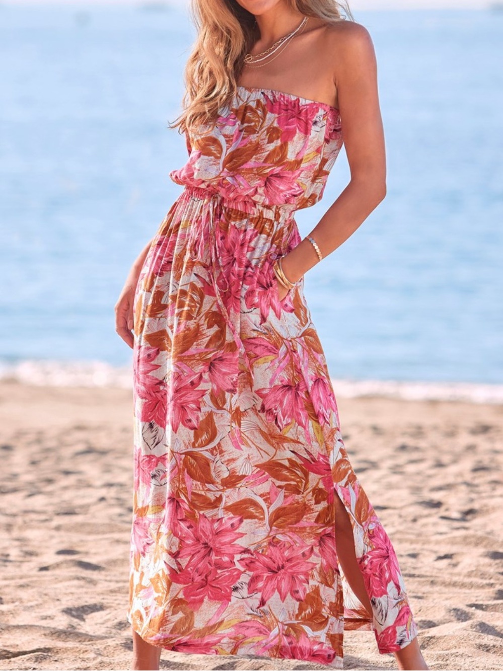 Floral Strapless Maxi Dress in Pink & Brown
